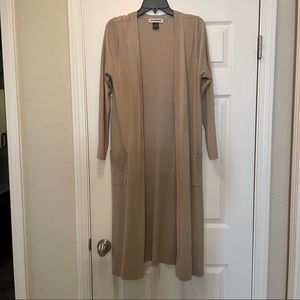 Long camel colored cardigan.